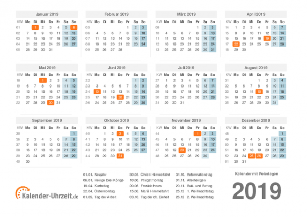 Jahreskalender mit Feiertagen